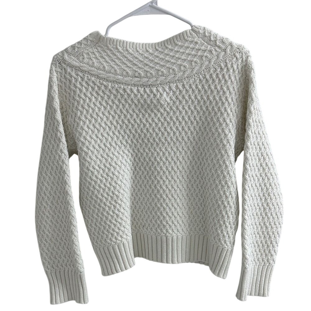Ann Taylor Cream Cable Knit V-Neck Sweater Diamond Texture Petite Small SP - Picture 3 of 4